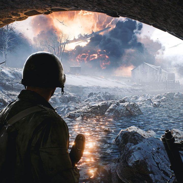 World War 2 soldiers look at a war scene in Battlefield 2042.