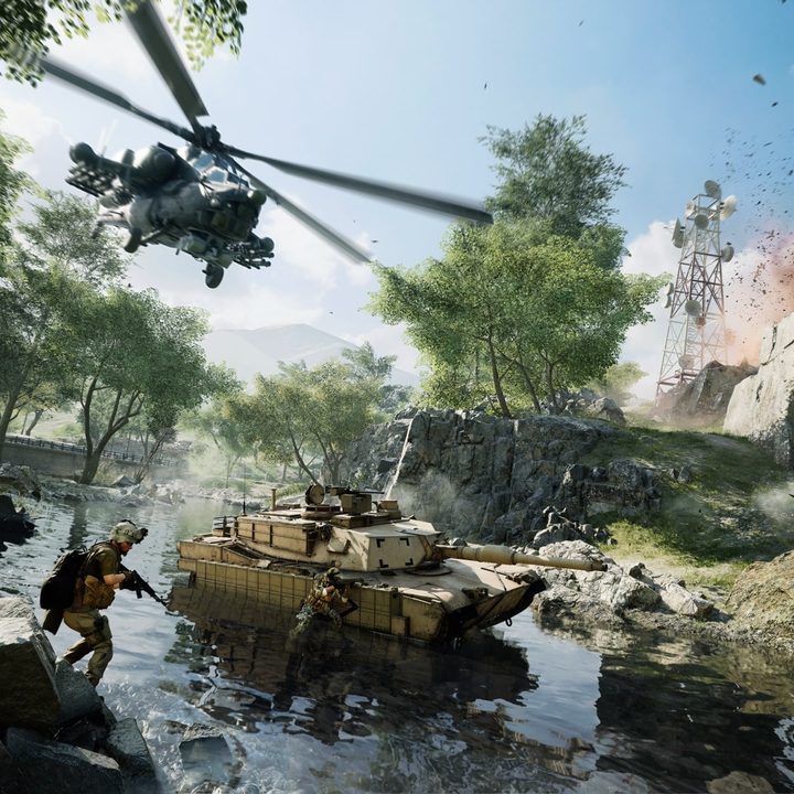 A helicopter flies over tanks in Battlefield 2042.