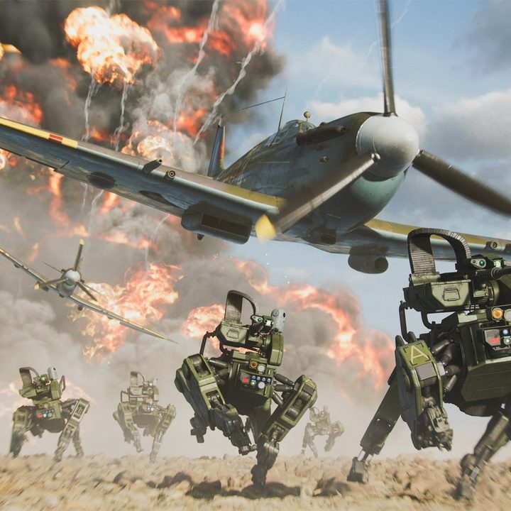 A World War 2 plane flies over 2042 robots in Battlefield 2042.