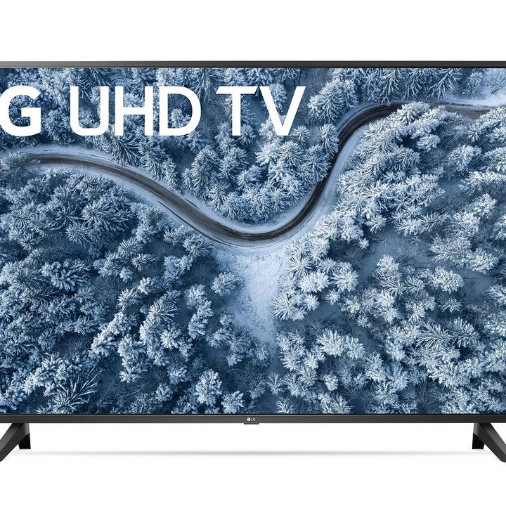 55-inch LG TV with winter trees on the screen.