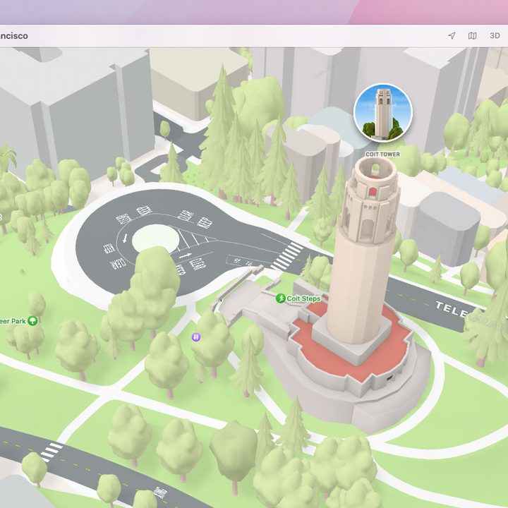 The Coit Tower in Apple Maps, shown in Apple's MacOS Monterey public beta