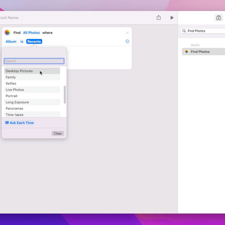 Choosing the album that will be used for images in Shortcuts.