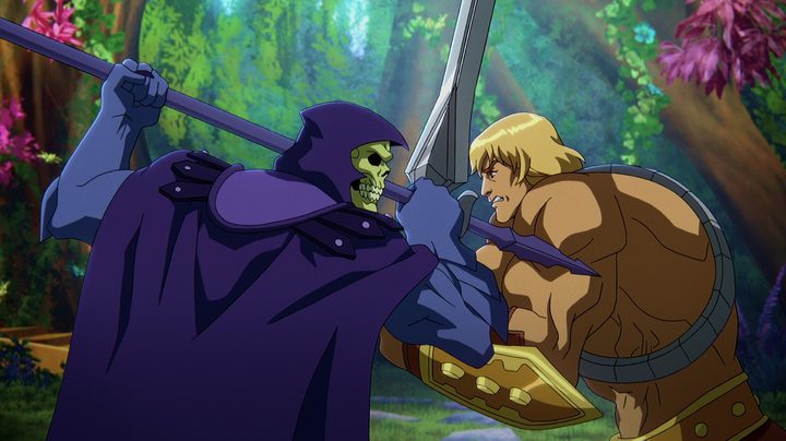 Skeletor and He-Man lock swords in a scene from Masters of the Universe: Revelation.