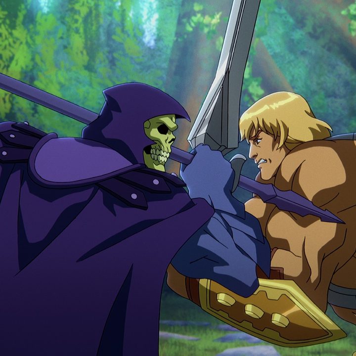 Skeletor and He-Man lock swords in a scene from Masters of the Universe: Revelation.