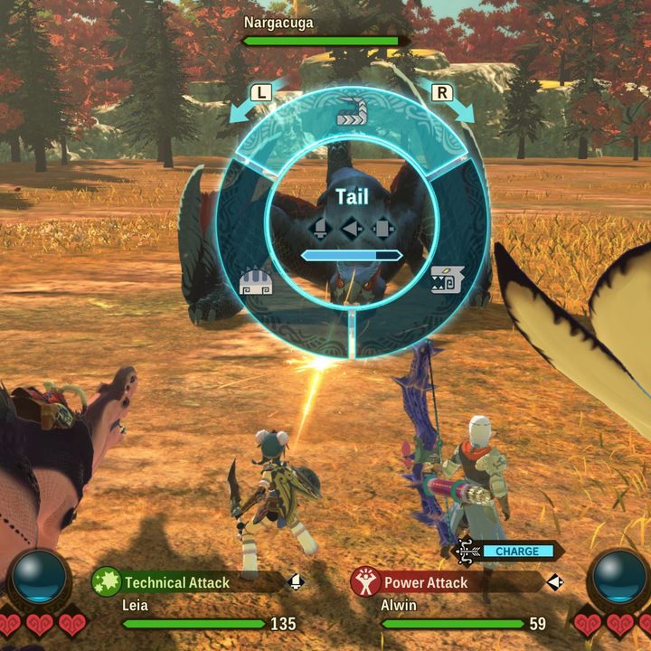 A character targets a monster's body parts in Monster Hunter Stories 2.