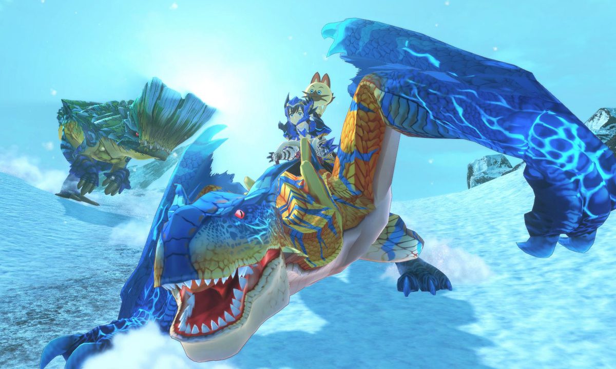 A rider rides a Tigrex in Monster Hunter Stories 2.