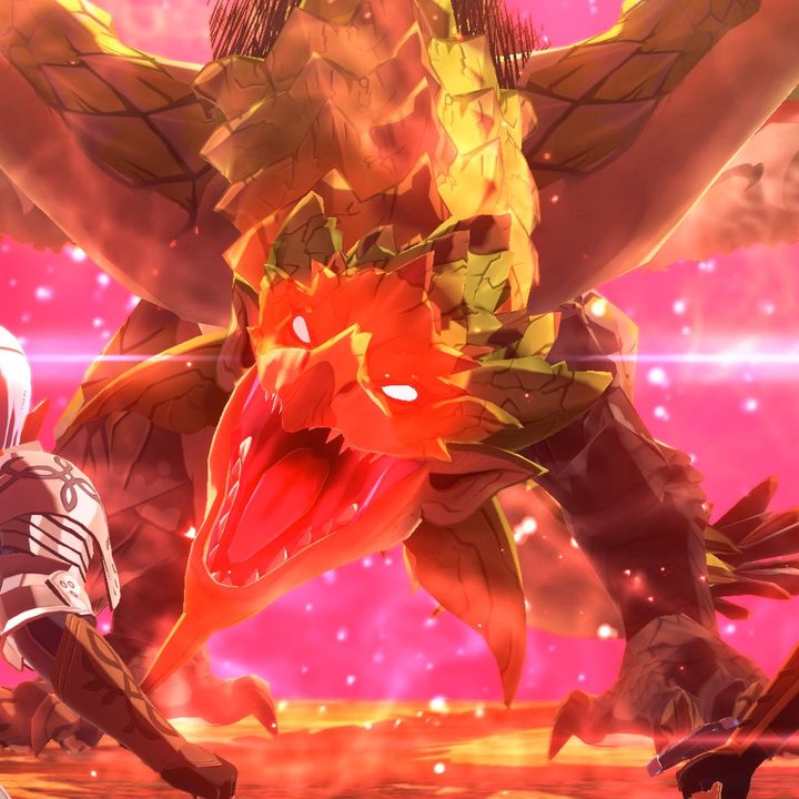 Two riders face a giant dragon in Monster Hunter Stories 2.