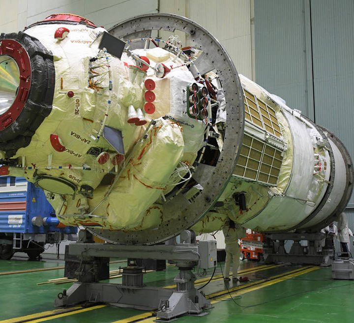 The Nauka Multipurpose Laboratory Module undergoes final processing at the Baikonur Cosmodrome in Kazakhstan in preparation for its launch to the International Space Station on a Proton rocket.