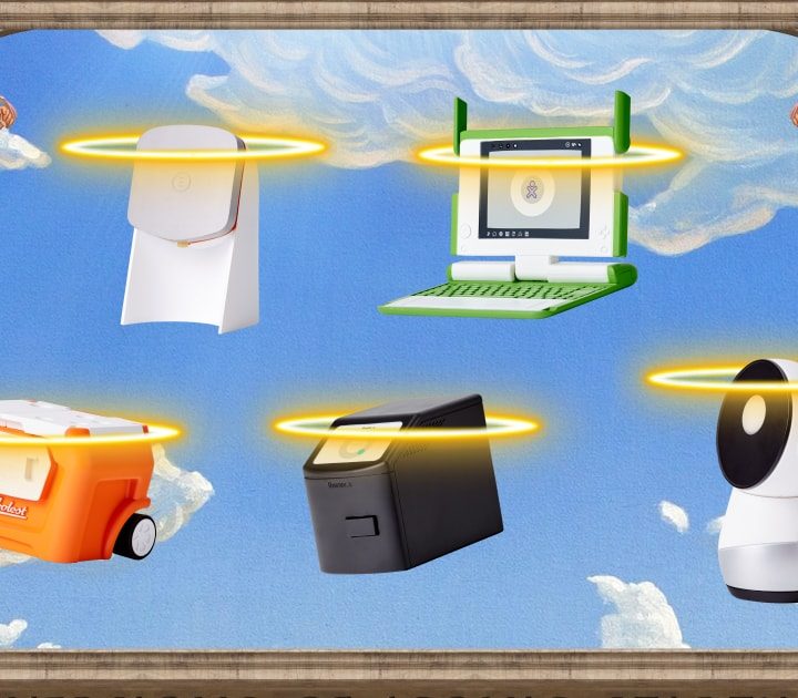 an array of toys modeled after failed startup products