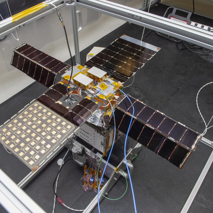 NEA Scout spacecraft in Gravity Off-load Fixture, System Test configuration at NASA Marshall.