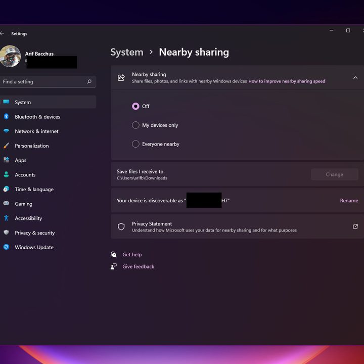 Settings window for nearby sharing feature.