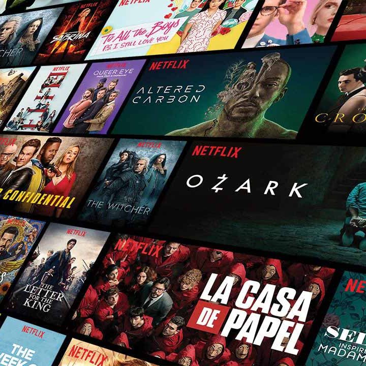 Netflix promotional art featuring shows and movies.