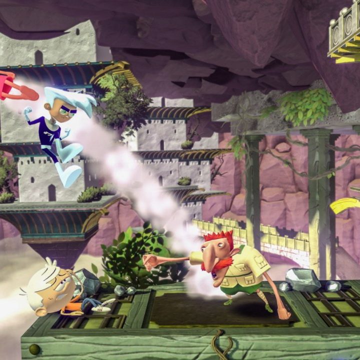 Nickelodeon characters fight on a floating village map inNickelodeon All-Star Brawl