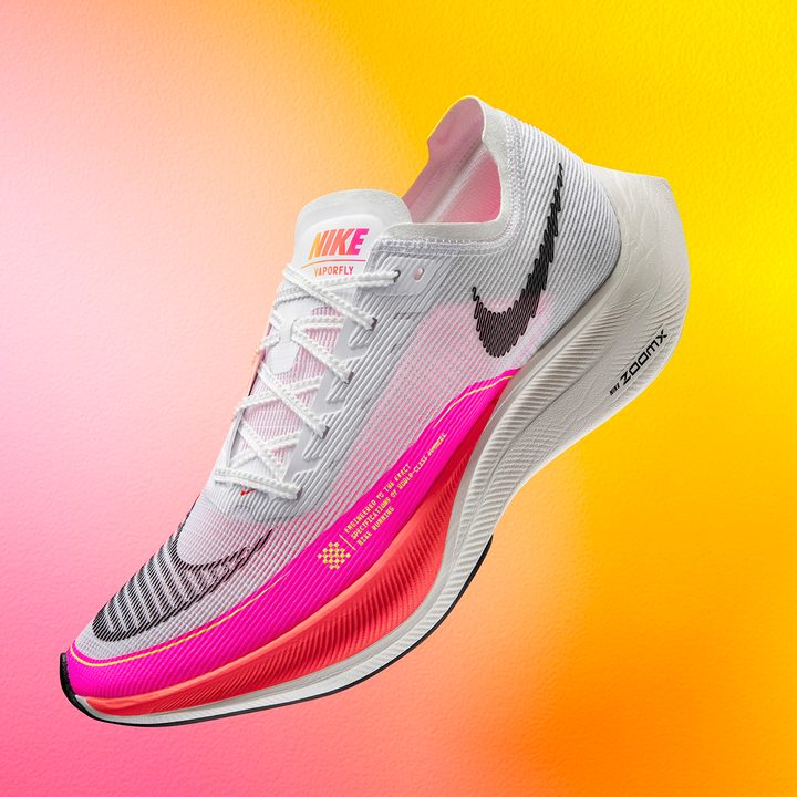 Pink and white Nike Track and Field AIR ZOOM VAPORFLY NEXTpercent 2 shoe.