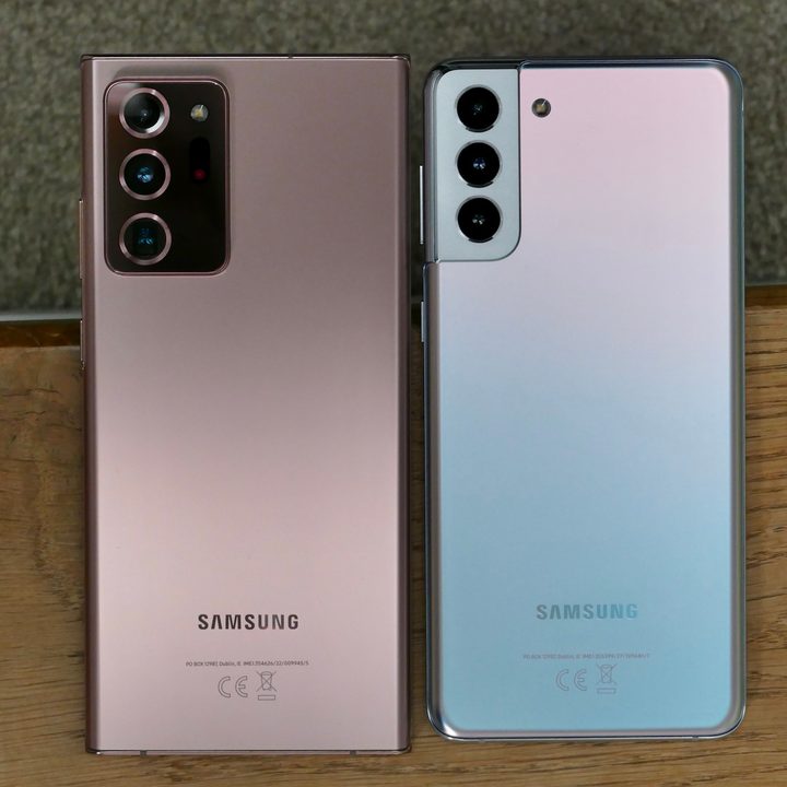 The Galaxy Note 20 Ultra alongside the Galaxy S21+.