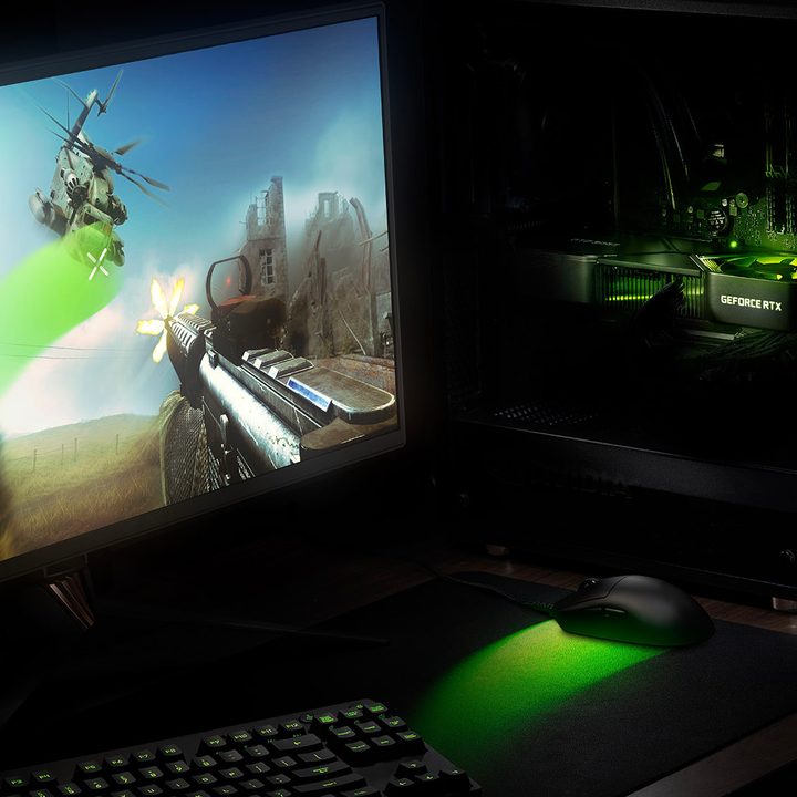 Nvidia GeForce RTX gaming setup with monitor and PC build.
