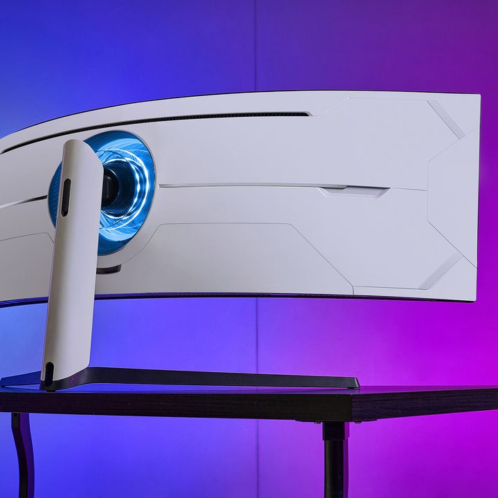 A view of the Samsung Odyssey Neo G9 gaming monitor from the rear.