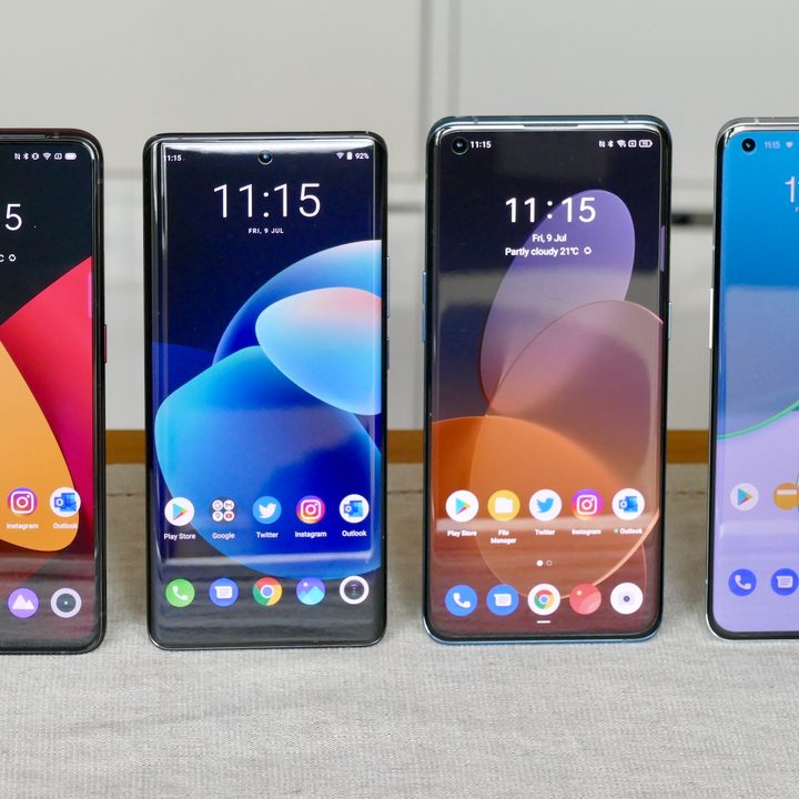 OnePlus 9 Pro, Vivo X60 Pro, Oppo Find X3 Pro, and Realme X2 Pro Master Edition screens.