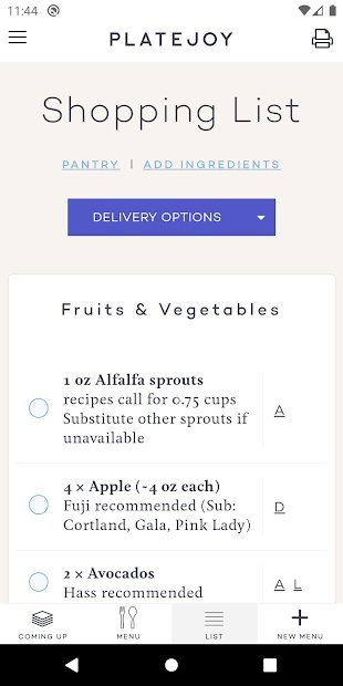 PlateJoy app shopping list.