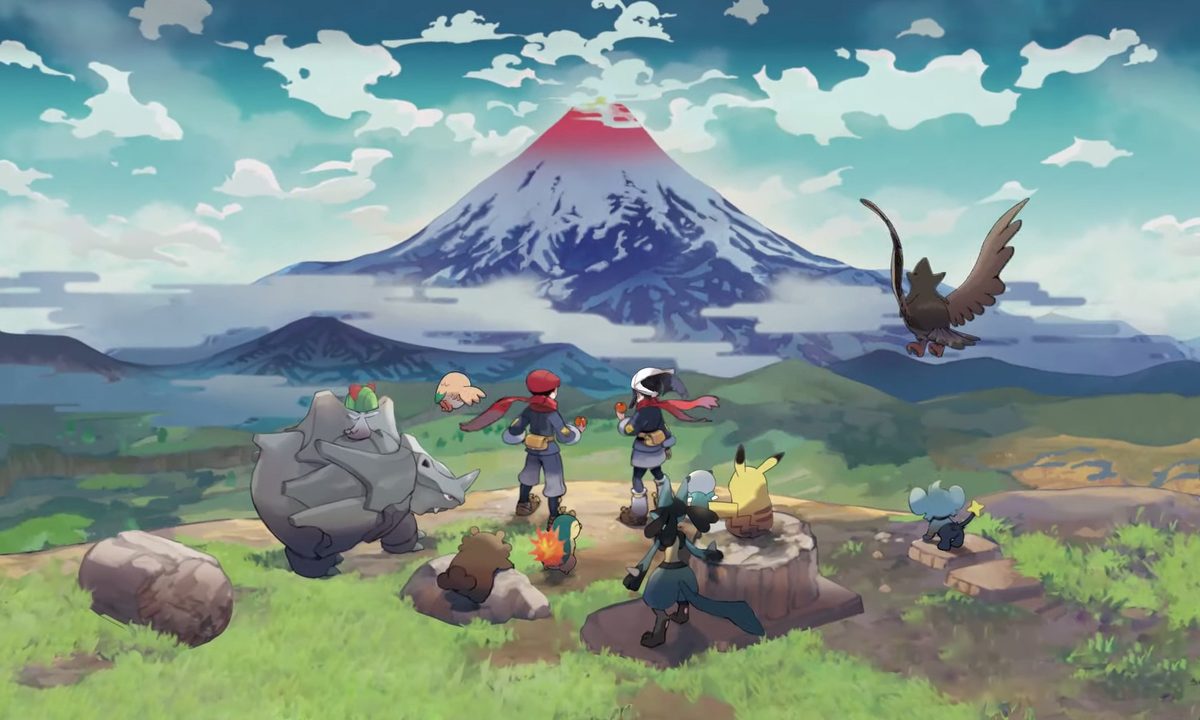 Pokémon Legends: Arceus promo imaage featuring two trainers and their parties looking out towards a mountain.