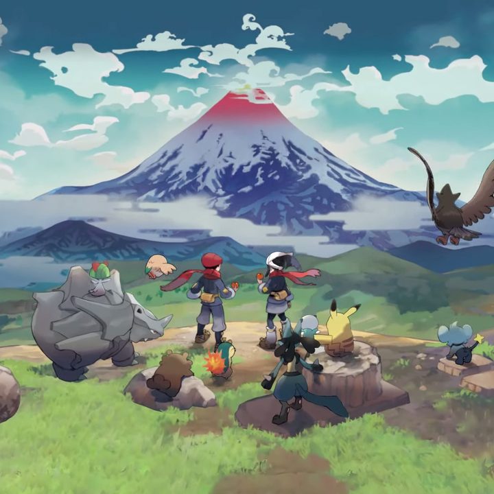 Pokémon Legends: Arceus promo imaage featuring two trainers and their parties looking out towards a mountain.