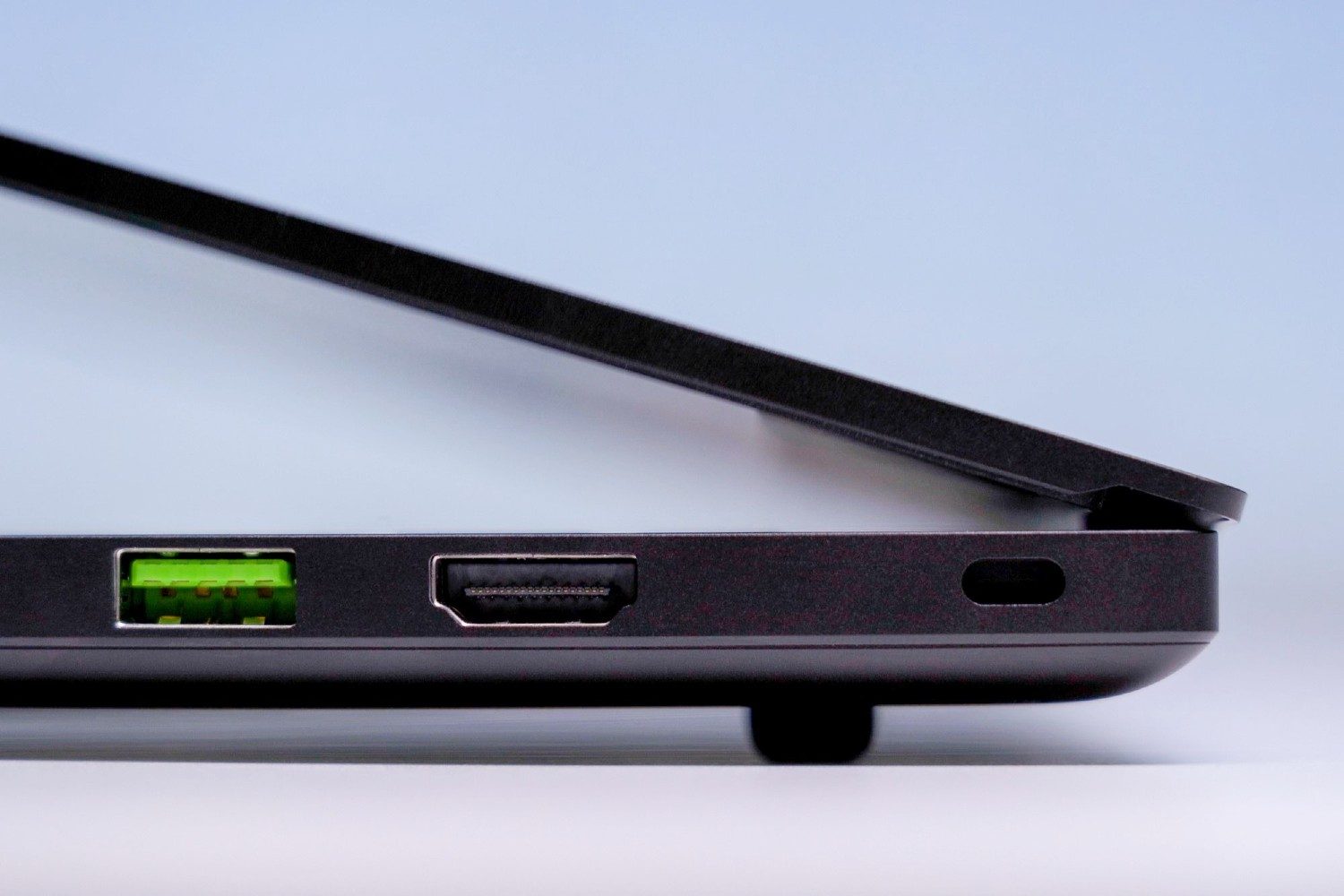 Razer Blade 14 side view showing display angle and ports.