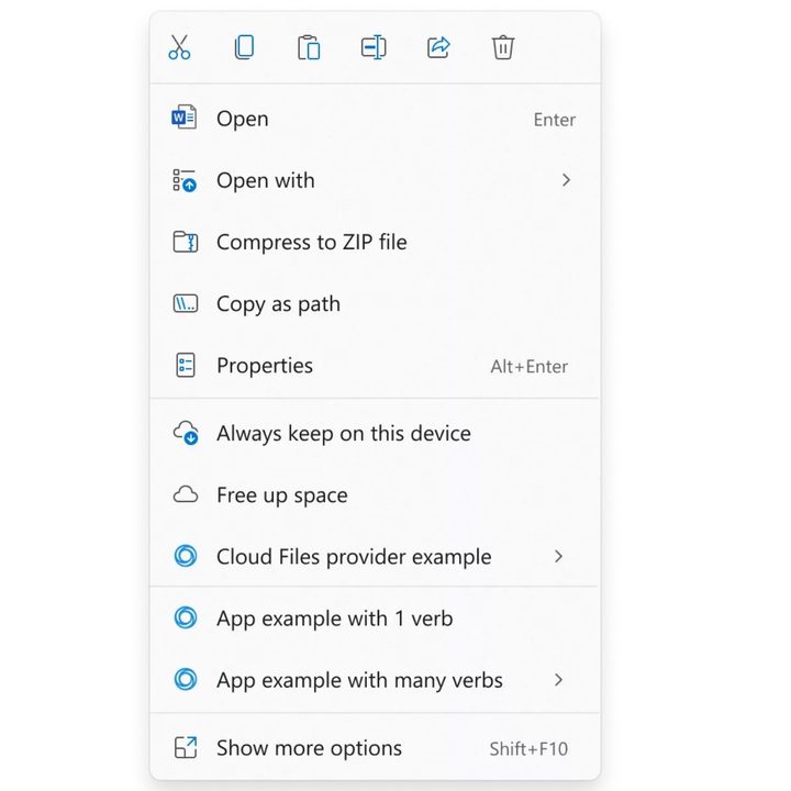 The new right-click context menu showing commands in windows 11.