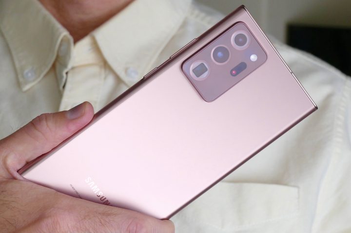 The Galaxy Note 20 Ultra in hand.