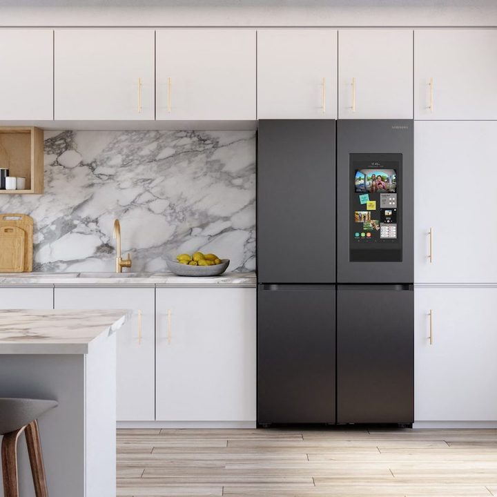 A smart fridge in a kitchen.