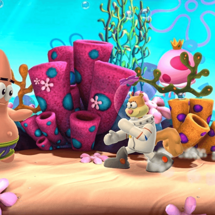 Patrick Star and Sandy Cheeks fight in Nickelodeon All-Star Brawl