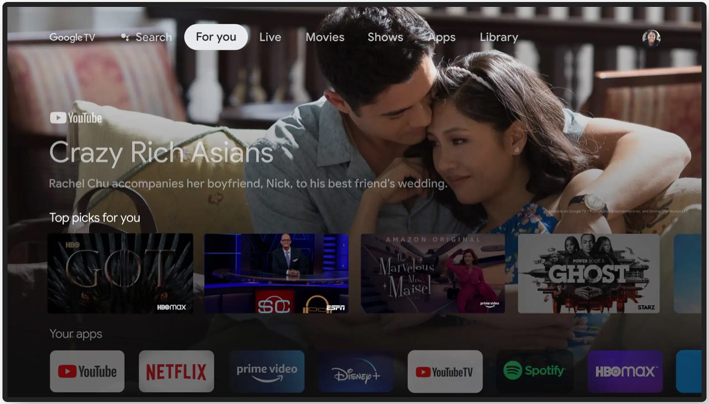 Google TV home screen.