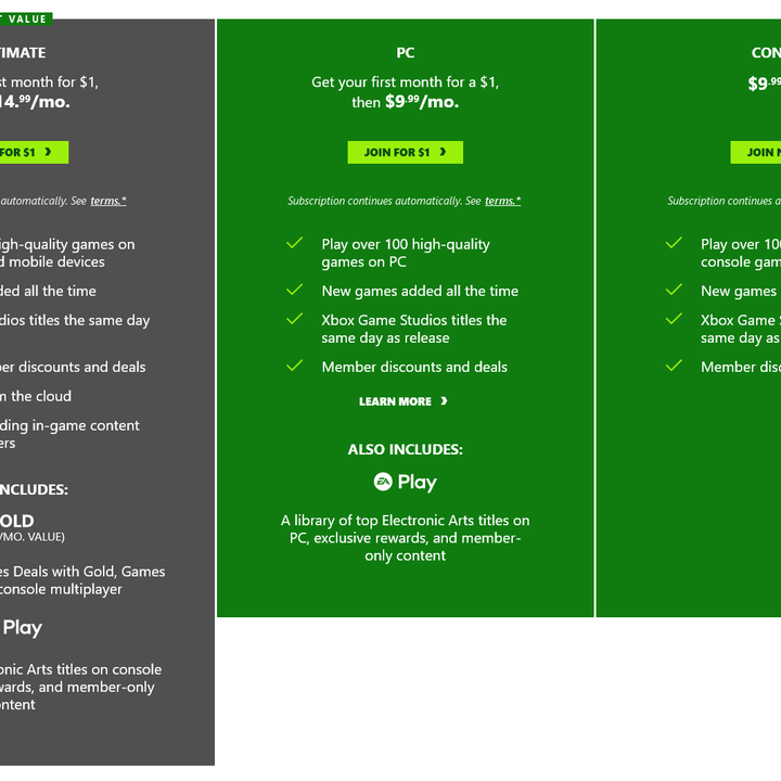 Image shows all the tiers of the Xbox Game Pass