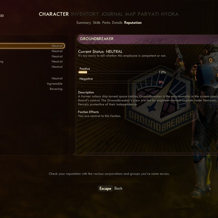 The default menu text in The Outer Worlds, running on a PC.