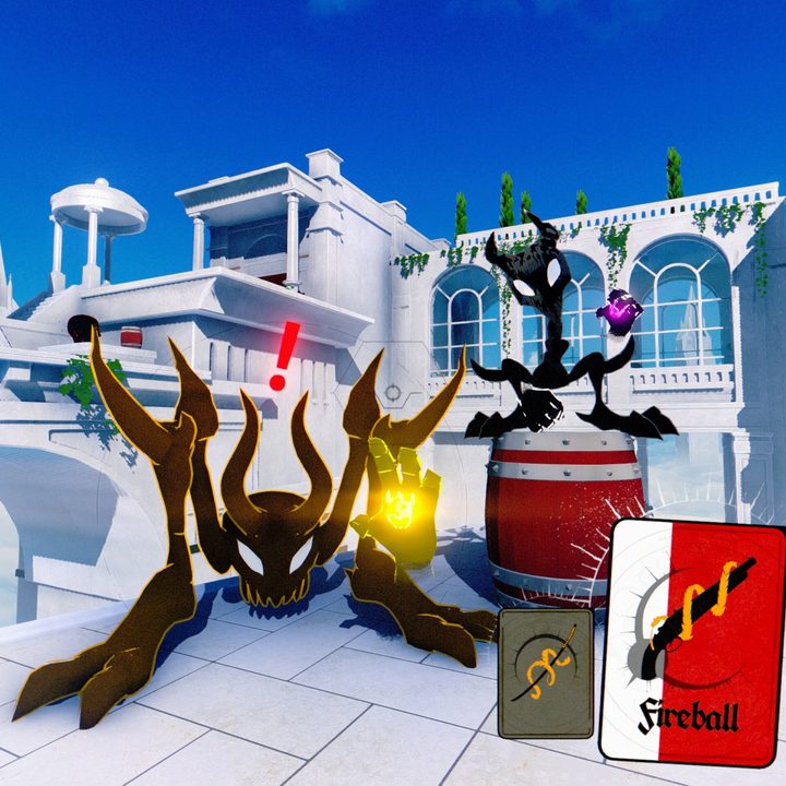 A player looks to attack an enemy with a gun card in Neon White.