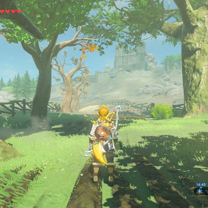 Link standing in front of a castle in Breath of the Wild.