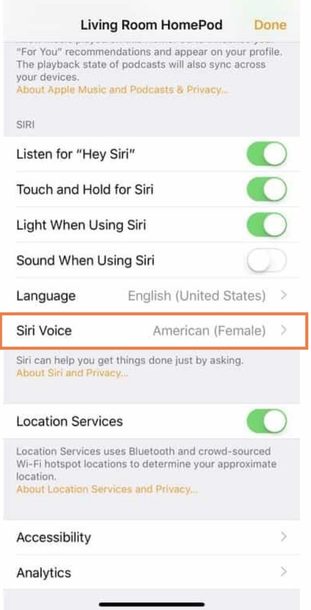 Finding Siri Voice options on the HomePod menu.