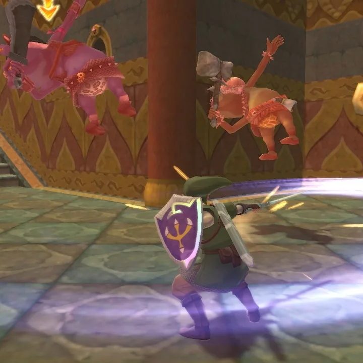Link fighting two Bokoblins in a temple.