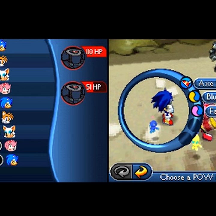 Sonic choosing an attack against two robots.