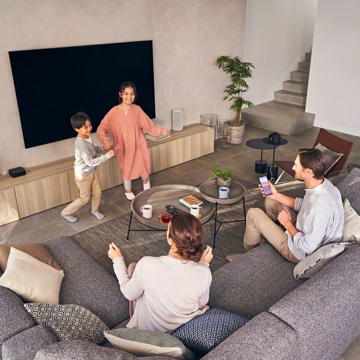 Family with Sony HT-A9 home theater system.