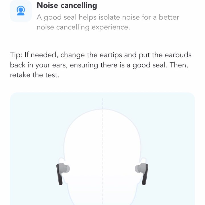 Screenshot of Soundcore app for iOS showing ear tip fit test.