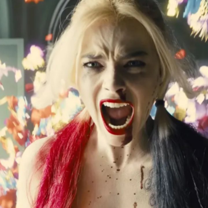 Margot Robbie as Harley Quinn, screaming.