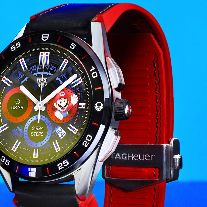 Close up of the Tag Heuer X Super Mario smartwatch.