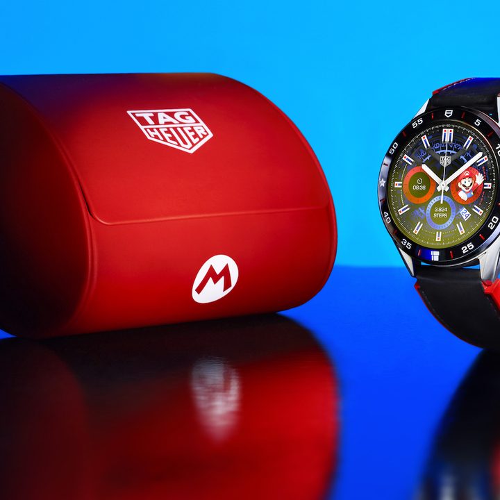 Tag Heuer X Super Mario smartwatch with travel case.