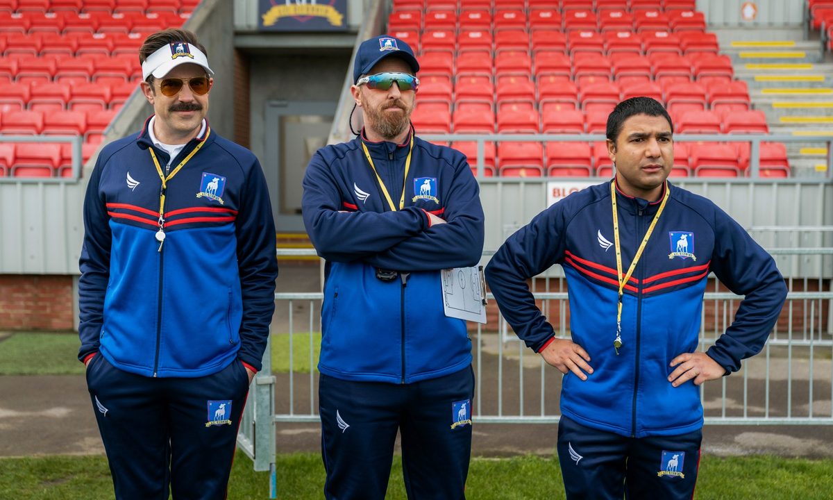 Jason Sudeikis as Ted Lasso, Brendan Hunt as Coach Beard, and Nick Mohammed as Nathan.