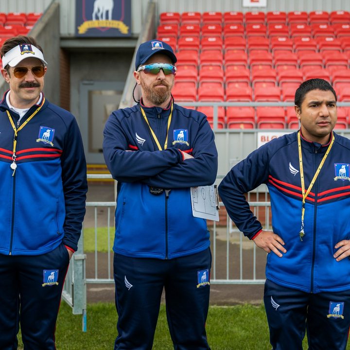 Jason Sudeikis, Brendan Hunt, and Nick Mohammed in season 2 of Ted Lasso.