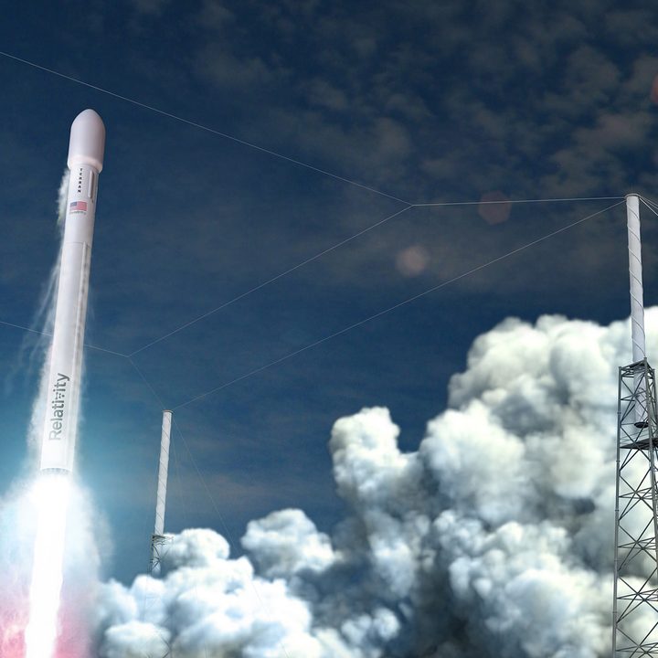 An illustration of a Terran 1 rocket blasting off.