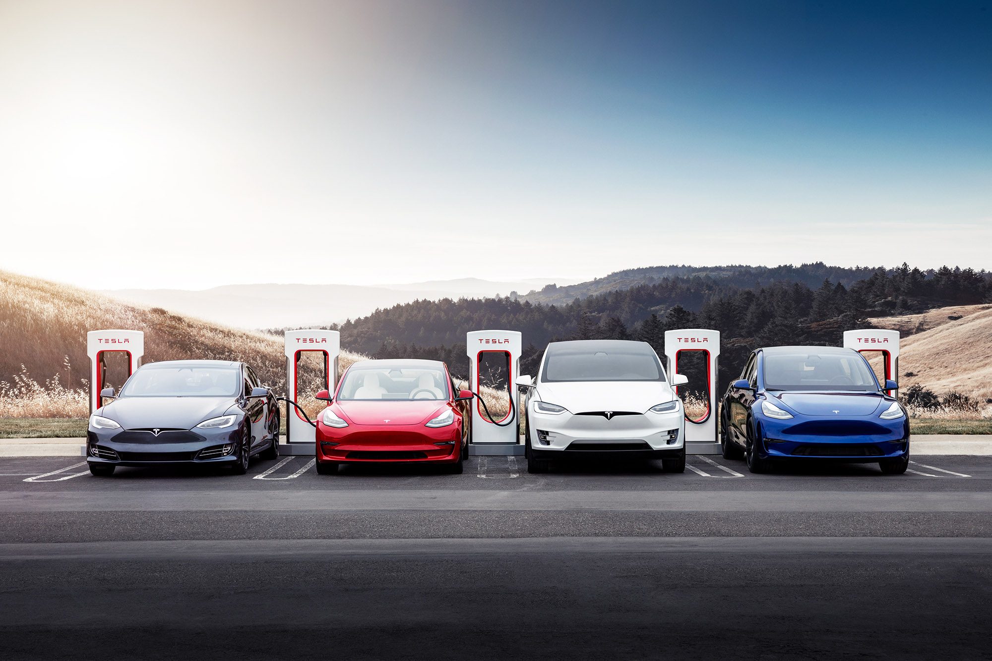 Teslas parked using the Tesla Superchargers.
