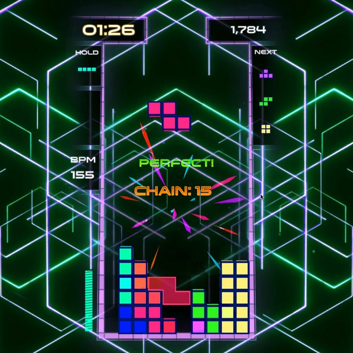A player chains a 15-beat combo in Tetris Beat.