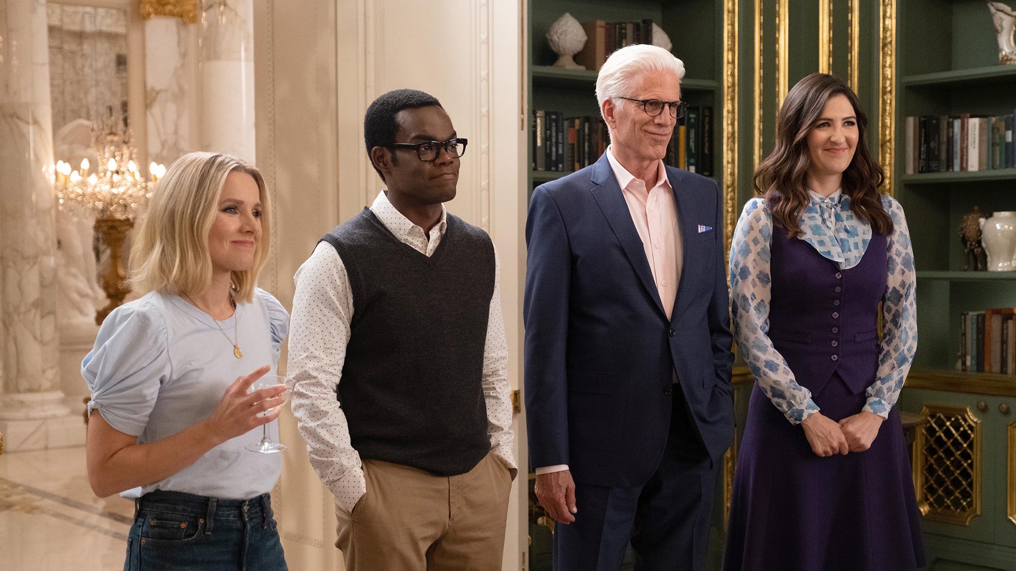 Kristen Bell, William Jackson Harper, Ted Danson, and D'Arcy Carden in The Good Place.