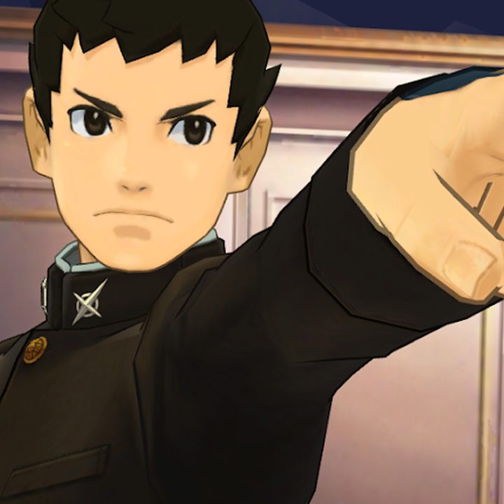A character points a finger in The Great Ace Attorney Chronicles.